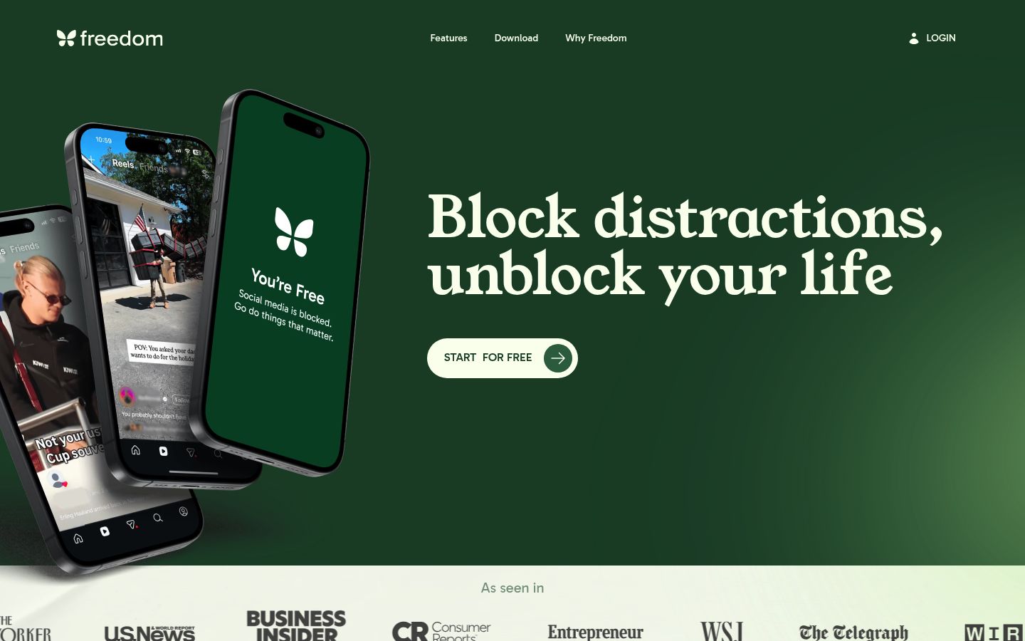 Screenshot of the homepage of Freedom