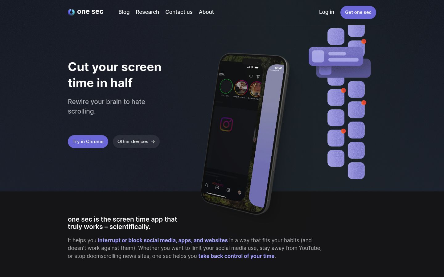 Screenshot of the homepage of One Sec
