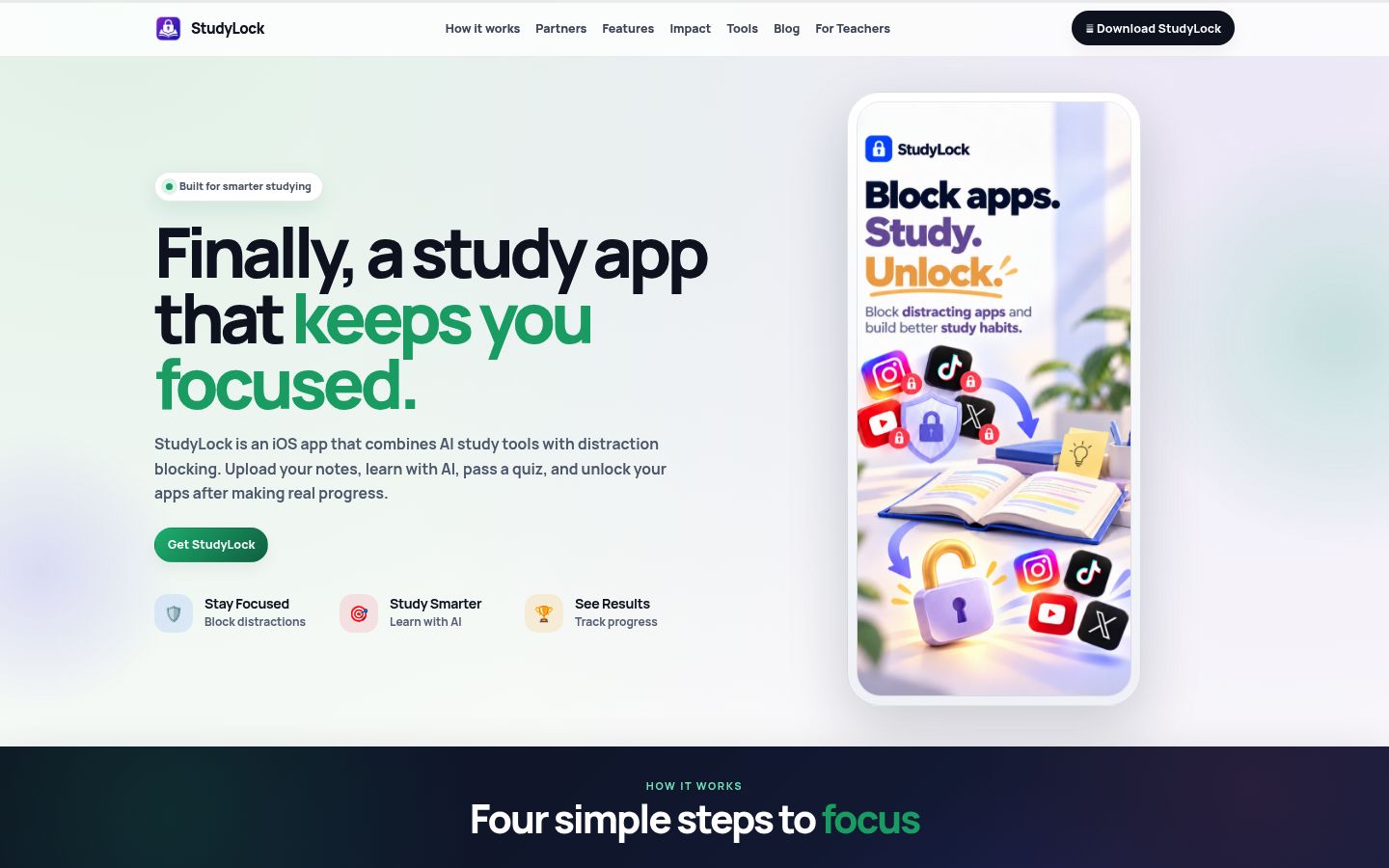 Screenshot of the homepage of StudyLock