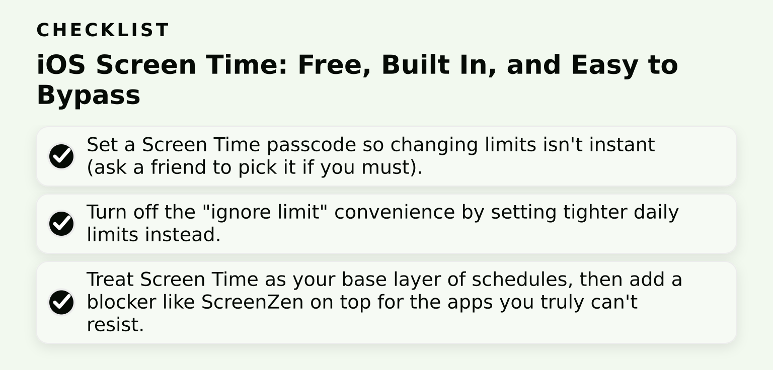 Checklist: iOS Screen Time: Free, Built In, and Easy to Bypass (3 items)
