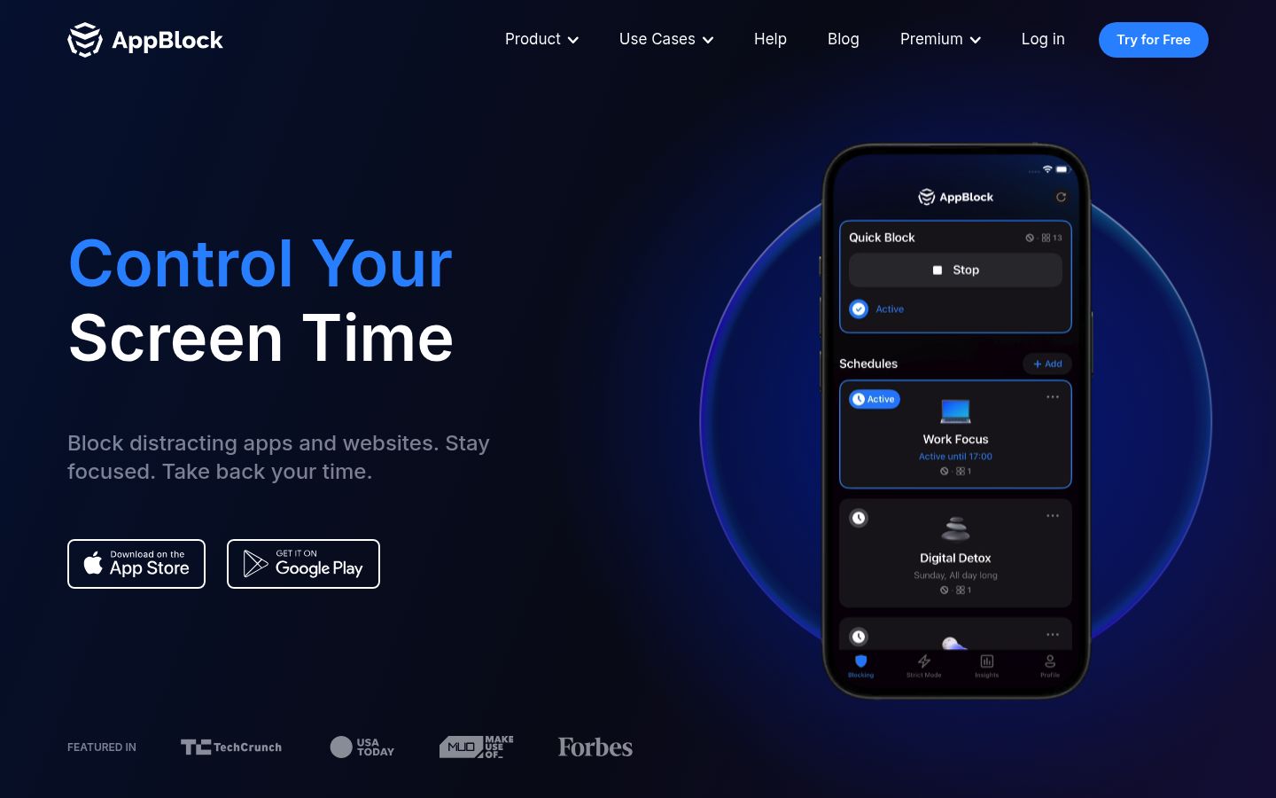 Screenshot of the homepage of AppBlock