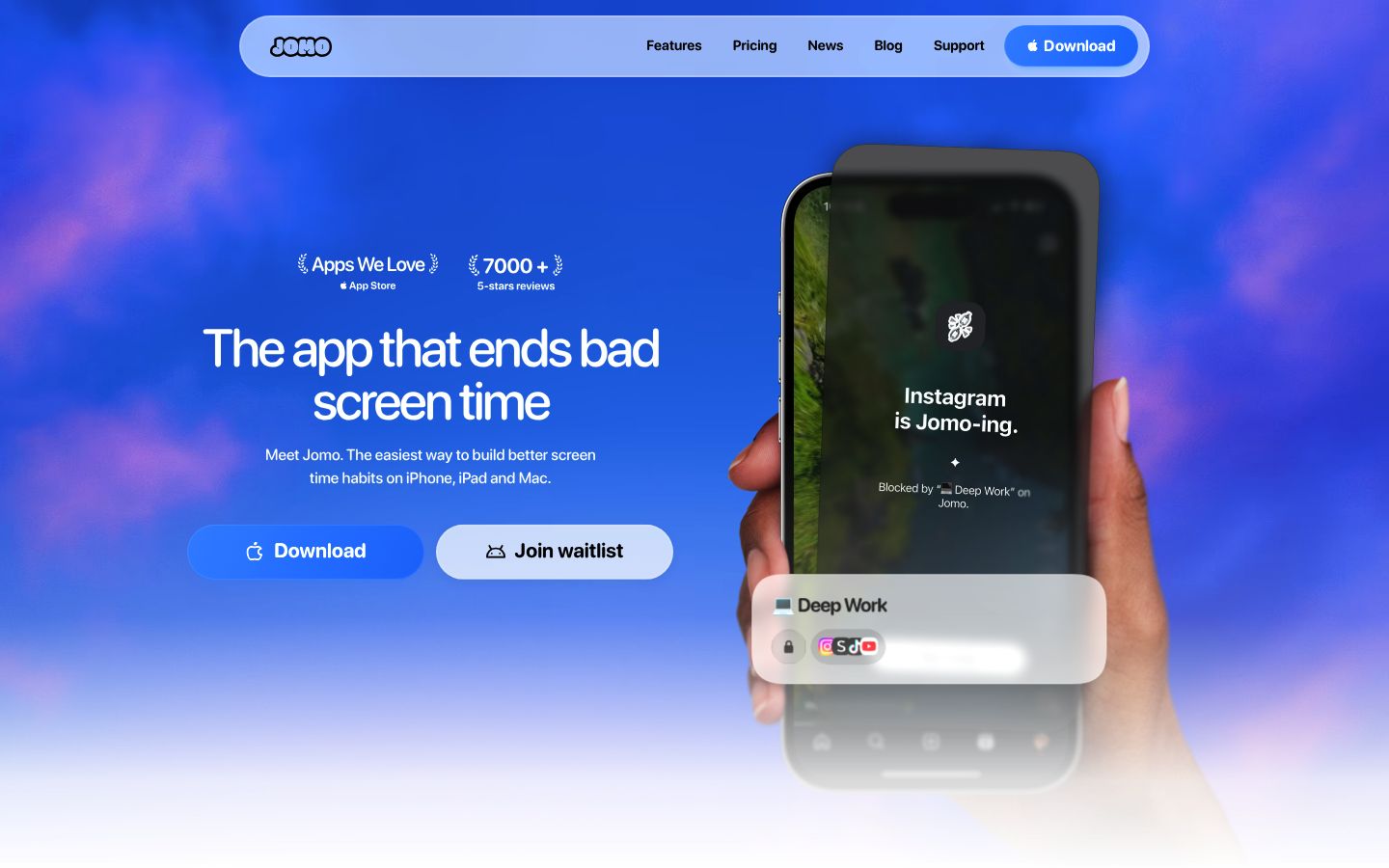 Screenshot of the homepage of Jomo