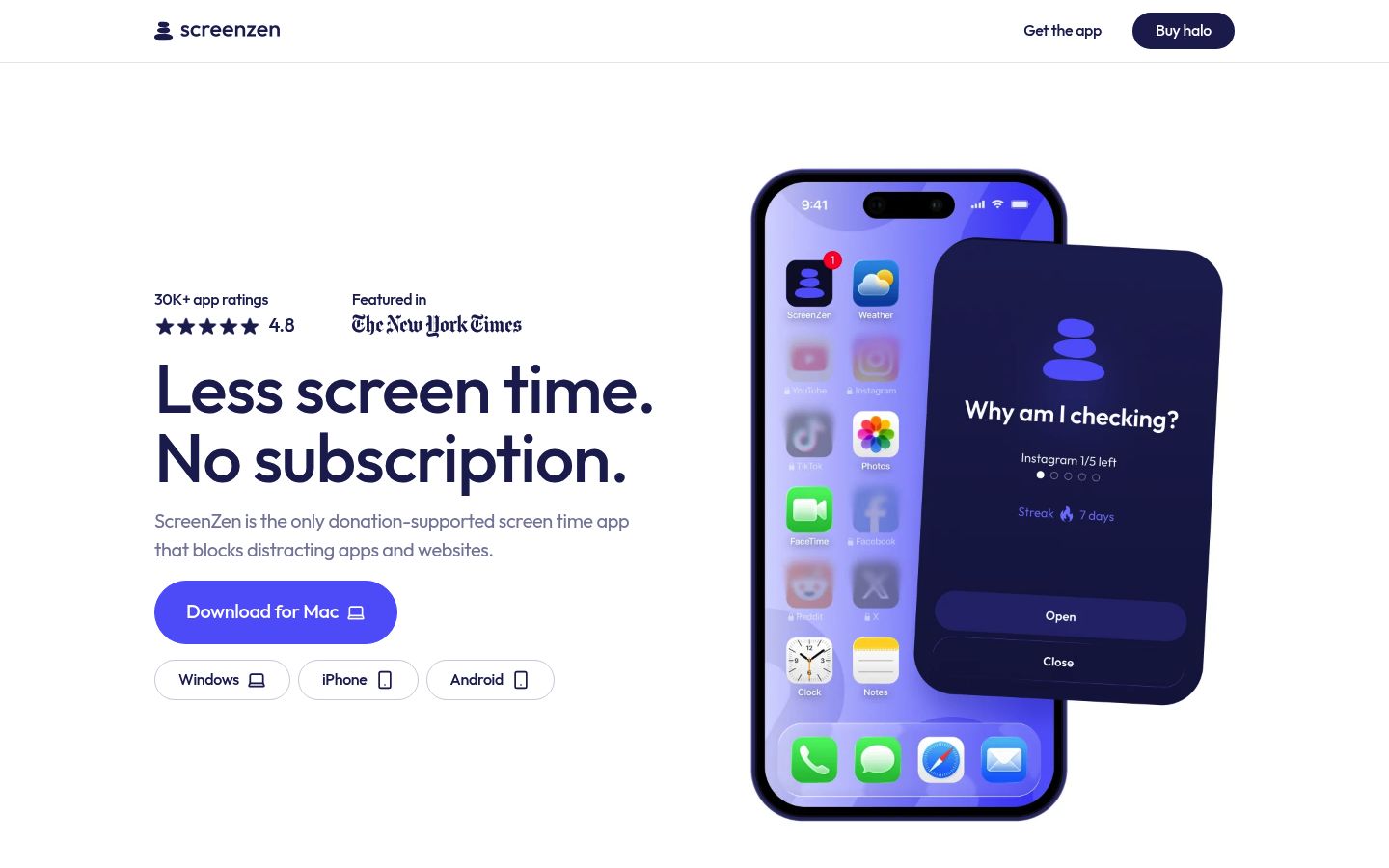 Screenshot of the homepage of ScreenZen